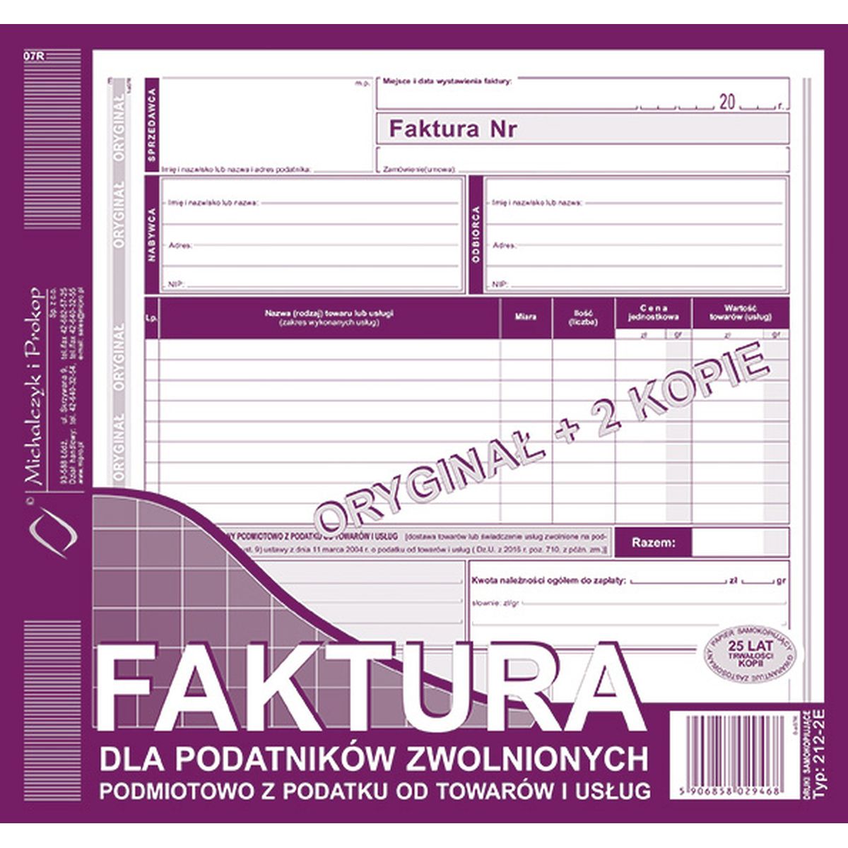 Druk samokopiujący S o/2k faktura VAT 2/3 A4 81k. (212-2E)