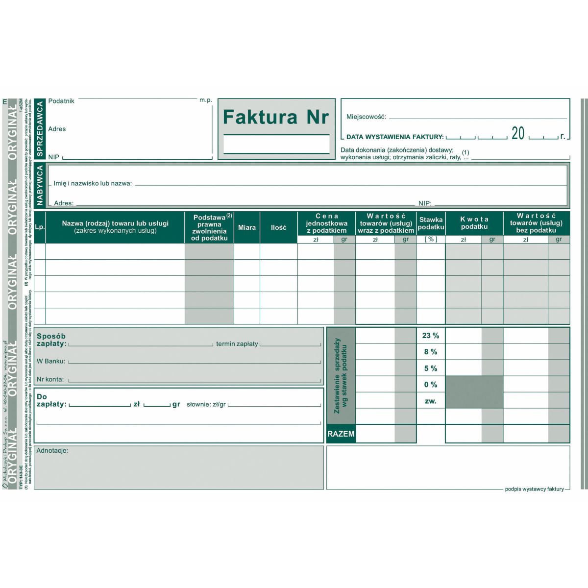 Druk samokopiujący Michalczyk i Prokop Faktura wzór pełny dla prowadzących sprzedaż w cenach brutto A5 80k. (143-3E)