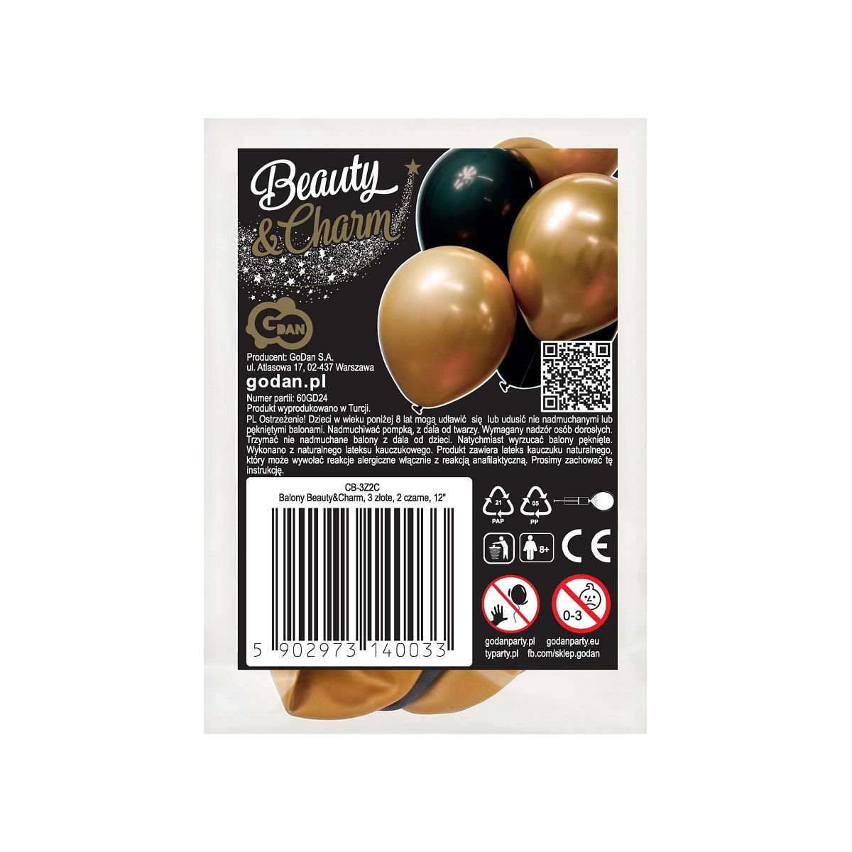 Balon gumowy Godan Beauty&Charm 3 złote, 2 czarne 5szt. mix 300mm 12cal (CB-3Z2C)