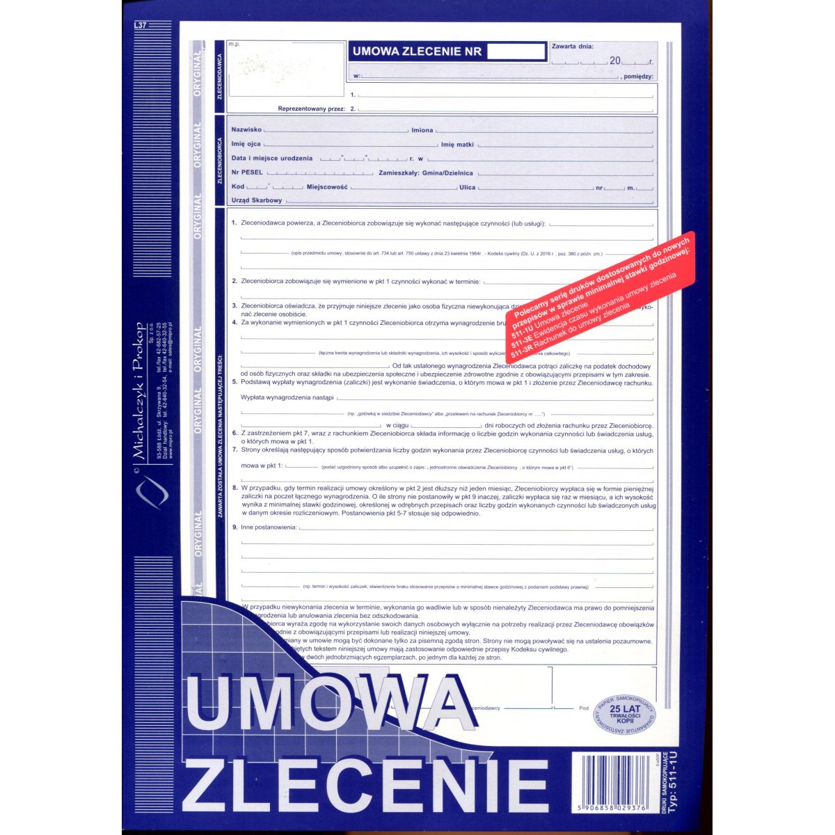 Druk samokopiujący Michalczyk i Prokop Umowa zlecenie z rachunkiem A4 A4 40k. (511-1U)