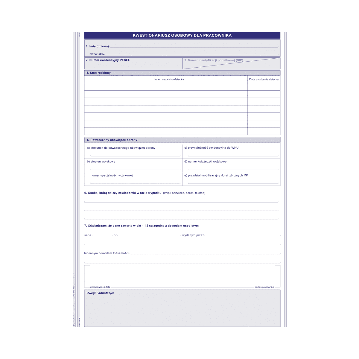 Druk offsetowy Michalczyk i Prokop Kwestinariusz osobowy dla pracownika A4 40k. (504-B)