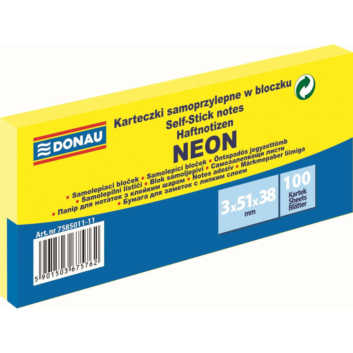 Notes samoprzylepny (karteczki) Donau Neon żółty 300k [mm:] 51x38 (7585011-11)