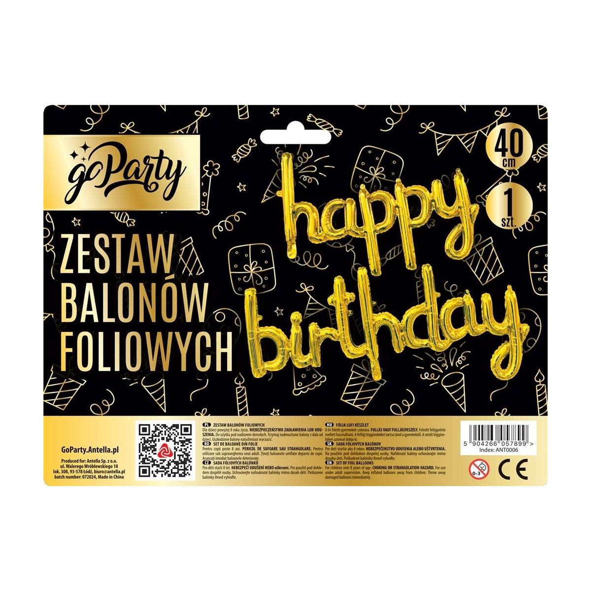 Balon foliowy Antella zestaw balonów 13 elementów Happy Birthday złote