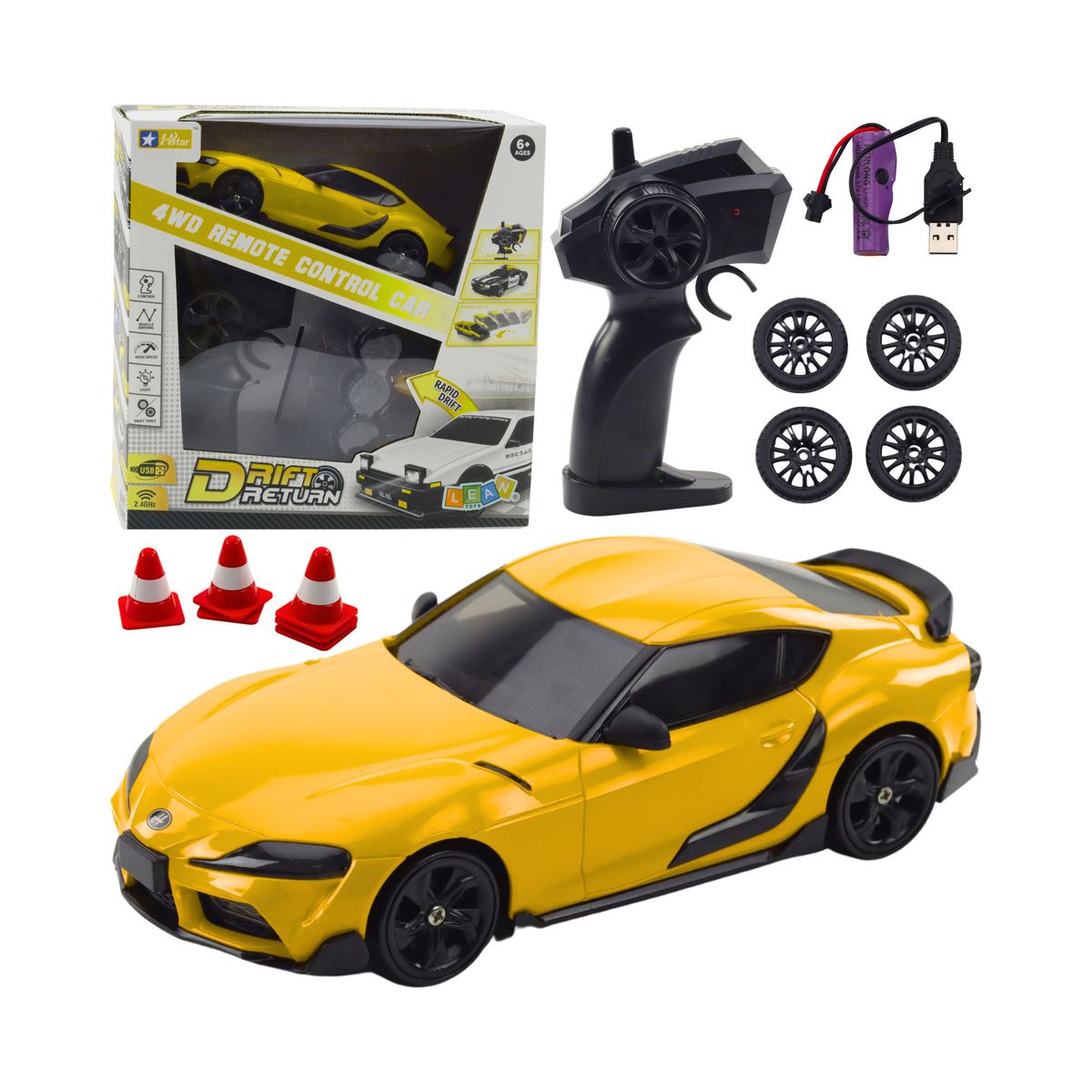 Samochód Lean Sportowe Do Driftu Wymienne Koła Zdalnie Sterowany RC 4WD Żółte (22686)
