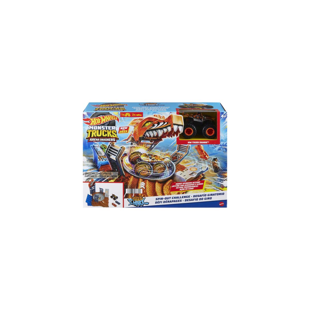 Tor wyścigowy Hot Wheels Monster Trucks Arena Smashers Tiger Shark Zakręcona demolka Zestaw Półfinał (HNB93)