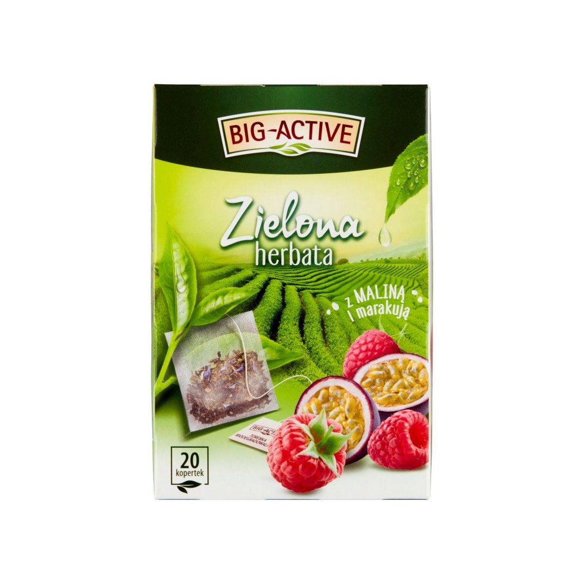Herbata Big Active zielona malina z marakują 20 saszetek