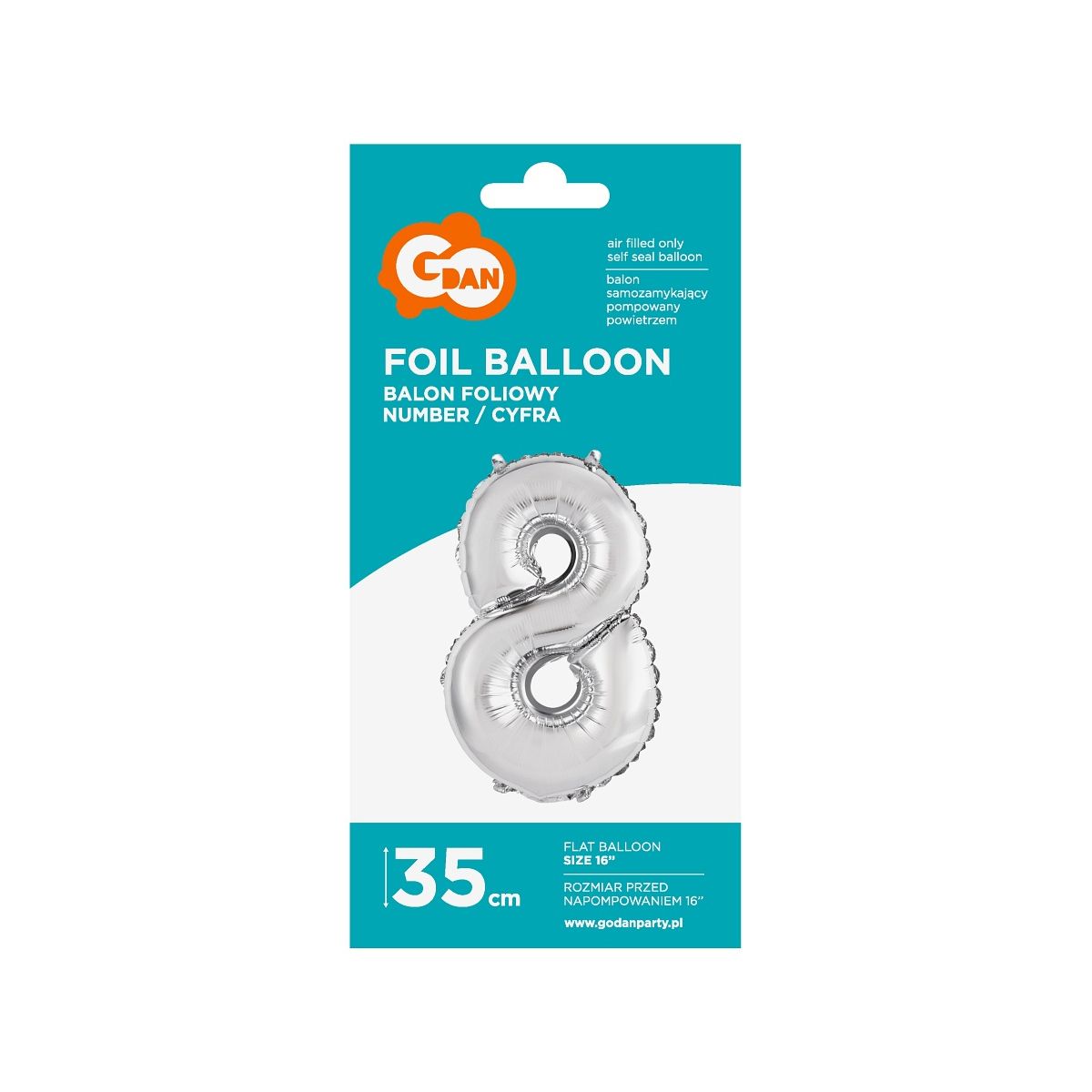 Balon foliowy Godan cyfra 8 srebrny 35 cm 8cal (FG-C35S8)