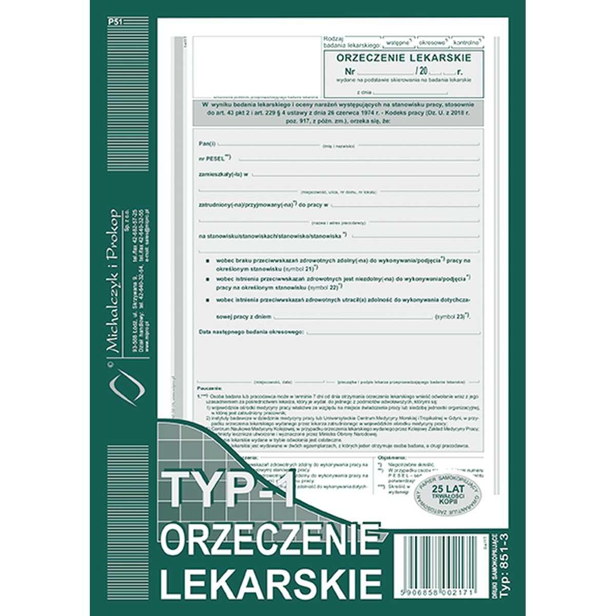 Druk offsetowy Michalczyk i Prokop zaświadczenie lekarskie A5 40k. (851-3)