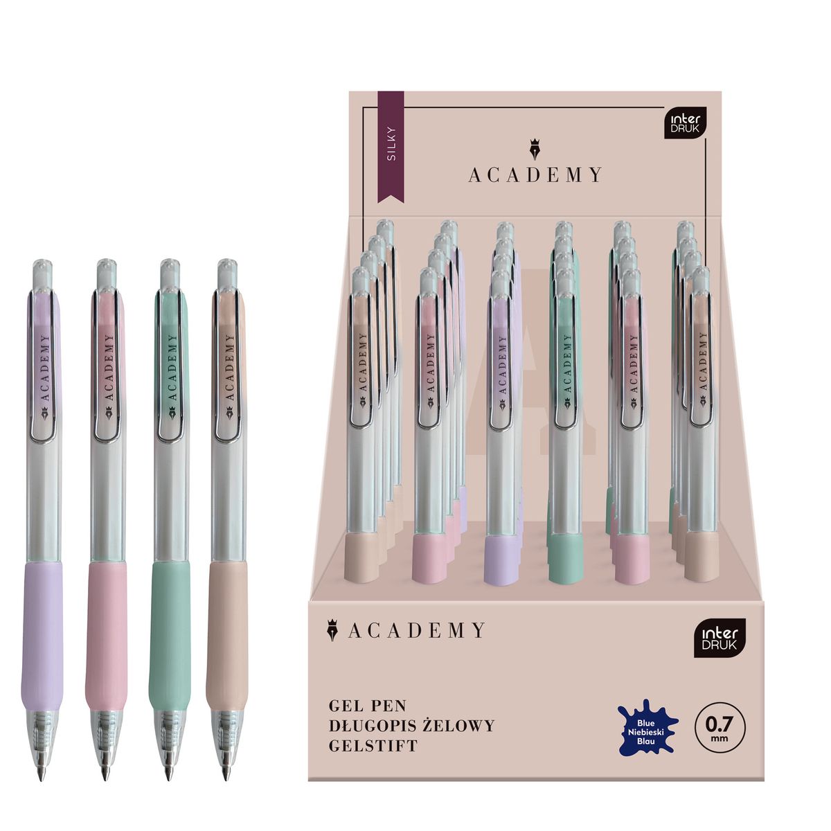 Długopis żelowy PASTEL ACADEMY automatyczny SILKY z gripem niebieski 0,7mm Interdruk (żelowy)