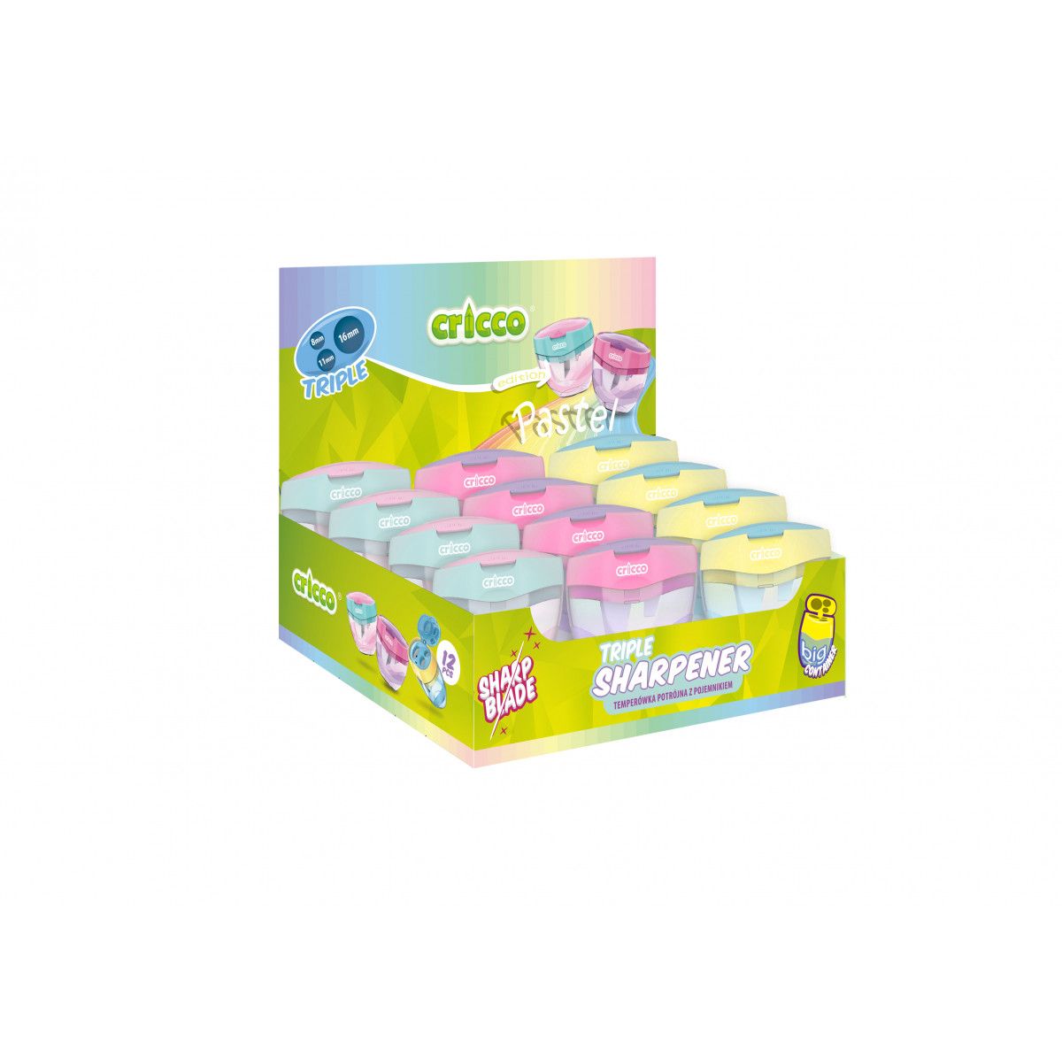 Temperówka potrójna z pojemnikiem pastel mix plastik Cricco (CR225)