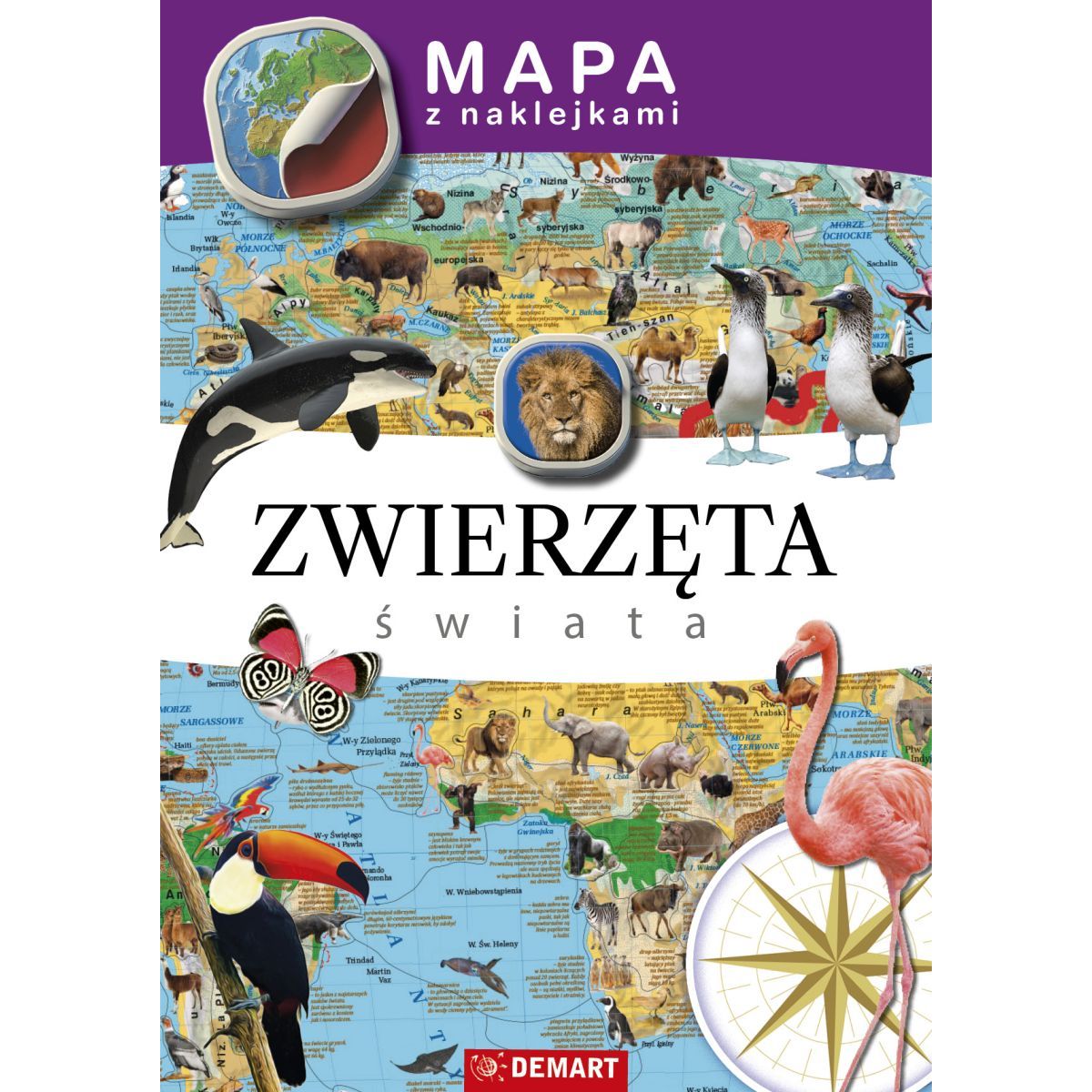 Mapa ścienna Demart Mapy z naklejkami. Zwierzęta świata