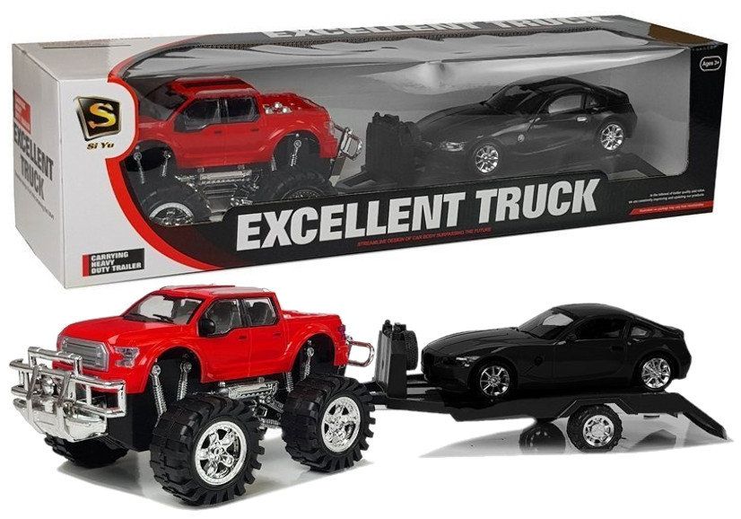 Samochód Lean Zestaw Pojazdów Czerwony Monster Truck Czarne BMW Laweta 58 cm (9268)
