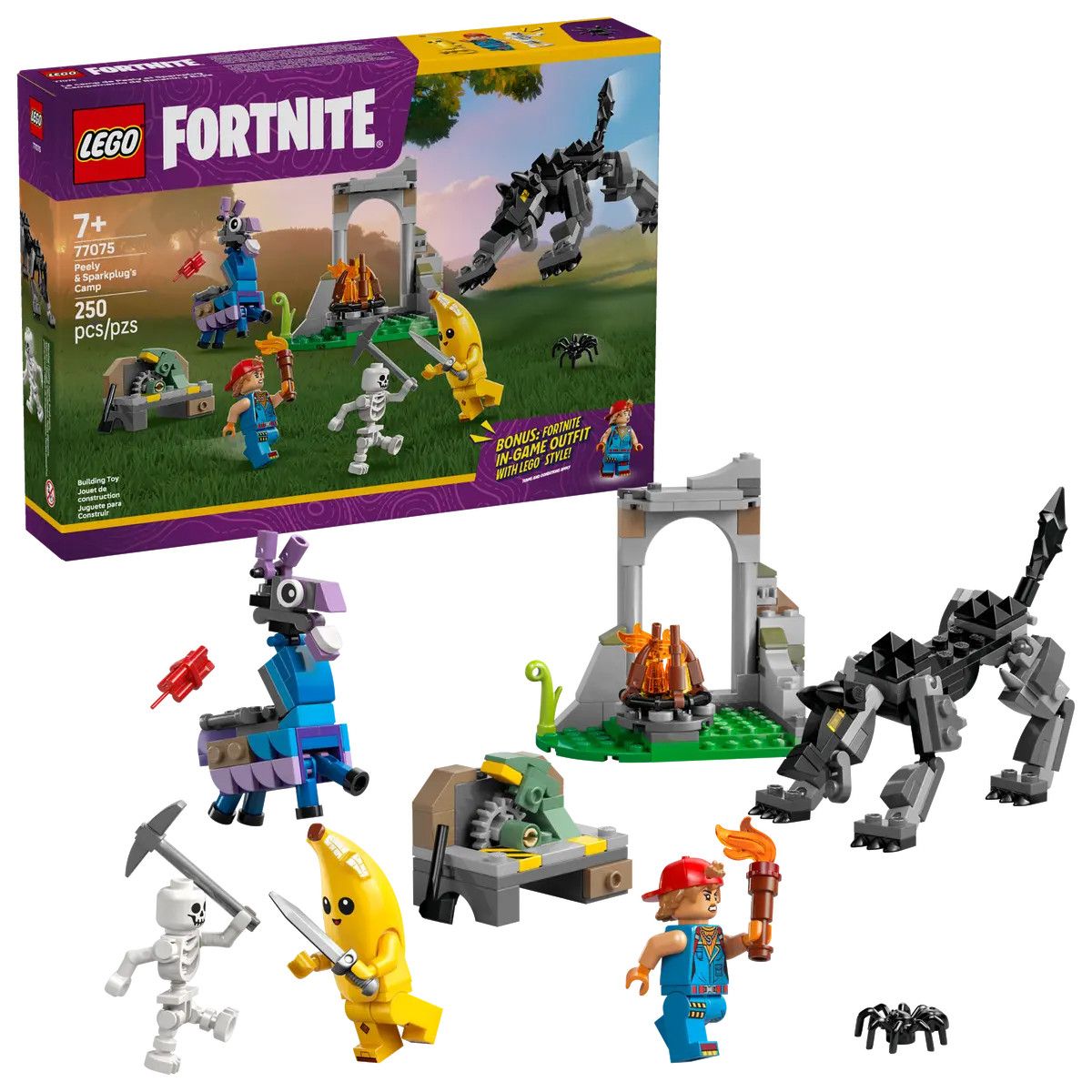 Klocki konstrukcyjne Lego Fortnite Skórek i Iskra oraz obóz (77075)